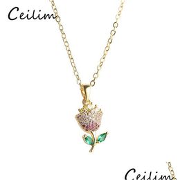 Pendant Necklaces Happiness Flower Women Rose Necklace Earring 925 Sterling Sier Cubic Zirconia Gold Plated Stud Valentines Dhgarden Dhbeu