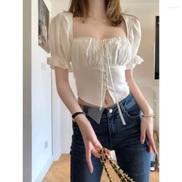 Women's Blouses French Chic Elegant For Women Summer Square Collar Puff Short Sleeve Lace-up Butterfly Femme Crop Shirts Tops Blusas