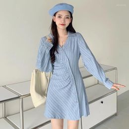 Casual Dresses Spring 2023 Women Vintage Striped Dress V-Neck Long Sleeve A-line Autumn Elegant French Style Office Lady Shirt Dresse