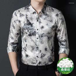 Men's Casual Shirts Chinese Style 3D Print Silk Dress Men Shirt High-End Long Sleeve Spring Quality Smooth Comfortable Loose Camisa