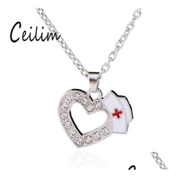 Pendant Necklaces New Fashion Medical Jewellery Nurse Cap Charms Crystal Love Heart White Enamel Red Cross Sign Medicine Schoo Dhgarden Dh8Ay