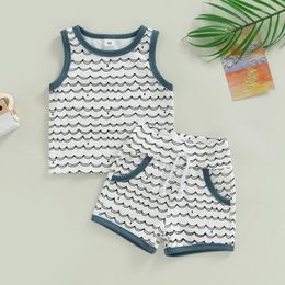 Clothing Sets Baby Boy Clothes Summer Outfits Short Wave Stripe Print Sleeveless Tank Tops And Stretch Casual Drawstring Shorts Set