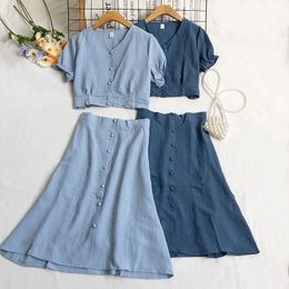 Two Piece Dress Summer Dress Sets Twomen Two Piece Short Puff Sleeve Crop Tops with Skirts Suit Solid Csaual Female Clothing Vintage Outfits 230512