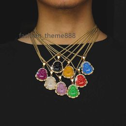 2021 Stainless Steel Jewellery Custom Green Buddah Laughing Charm Cuban Rope Chain 18K Gold Plated Jade Buddha Necklace Pendant