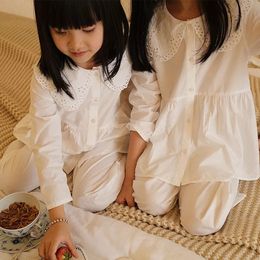 Pajamas Kids Girls White Lolita Embroidered Sleepwear Infant Toddlers Baby 100% Cotton Girls Spring Autumn Vintage Pyjamas Loungewear 230511