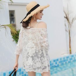 Women's Swimwear Women Summer 3/4 Sleeves Crochet Lace Cardigan Open Front Sheer Embroidered Floral Kimono Cover Up Boho ShrugWomen's