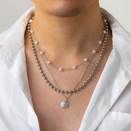 Pendant Necklaces Layered Chains With Pearl Pendants Necklace Men Trendy Charms Beads Choker 2023 Fashion Neck Jewelry Accessories