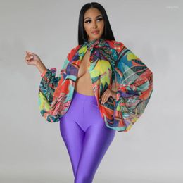 Women's Blouses WUHE Chiffon Fashion Gradient Printed Batwing Long Sleeve Front Split See Though Loose Sexy Party Club Blouse Women Shirt