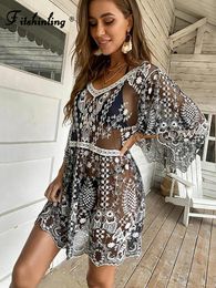 Cover-up Fitshinling Lace Summer Dresses Women Beach Cover Up Swimwear Floral Transparent Sexy Hot Pareo Beachwear Outfits Short Dress