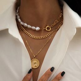 Goth Baroque Pearl Coin Portrait Pendant Necklace for Women Vintage Multi Layer Link Chain Necklace Punk Aesthetic Jewellery 2022