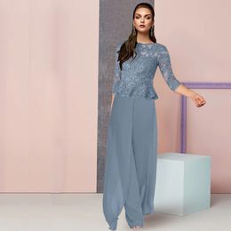 Elegant Jumpsuit Mother of the Bride Suits with Jacket Lace Top Three Quarter Sleeve Outfit for Wedding Guest Wear