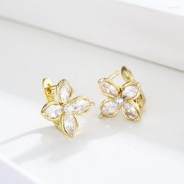 Stud Earrings Marquise Cross CZ Flower Four Petal Clover French Buckle For Women Brass Yellow Gold Color Jewelry Aros Aretes