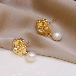 Dangle Earrings Natural Freshwater Pearl Vintage Flower Eardrop White Metal Alloy For Women Charm Jewellery Earring Party Accessories Gift