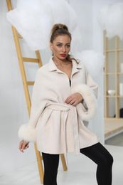 Women's Wool Jackets For Women 2023 Autumn Coat With Real Fur Cuff Fashion Luxury Casual Belted White Cashmere Jacket Plus Size