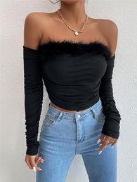 Women's T Shirts IDress Sexy Off Shoulder Women Faux Fur Feather Long Sleeve Crop Top Black Blouses Chic Fashion Party Backless Strapless