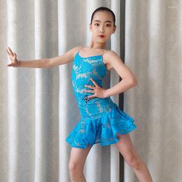 Stage Wear Children'S Latin Performance Dance Dress Girls Blue Lace Practise Ballroom Competition Clothing SL6684