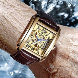 Wristwatches 2023 CHENXI Fashion Rectangle Watches Men Gold Skeleton Leather Band Automatic Mechanical Reloj Hombre