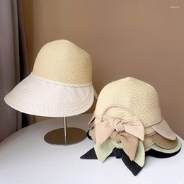 Wide Brim Hats Japanese Style Straw Fabric Stitching Bow Sunshade Hat Women Spring Summer Fashion Sun Outdoor Commuting