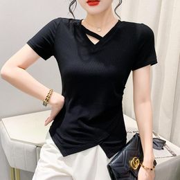 Women's T Shirts #6256 Streetwear TShirt Women V-neck Tight Irregular T-shirt Female Stretch Cotton Korean Style Black Blue Purple