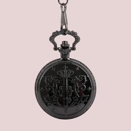 Pocket Watches Antique Classic Watch Black Butler Wand Pattern Embossed Case Chain Pendant Clock Tungsten Kids Gift WatchesPocket