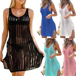 Swimwear Solid Crochet Bikini Cover Up with Fringe Trim Women Sexy Hollow Tunic Beach Dress 2021 Summer Bathing Suit Beachwear