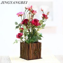 Decorative Flowers Wooden Fence Bonsai Artificial Rose With Vase Set Potted Fake Flower Desktop Plants Home Decoration1