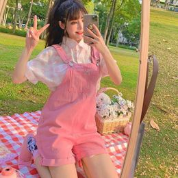 Women's Shorts Pink Denim Overalls For Women Girl Suspender Pants Preppy Style Birthday Vacation Japanese Kawaii Cute Teenage Clothing