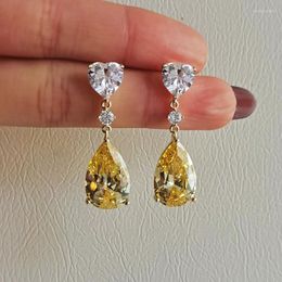 Dangle Earrings Temperament Topaz Water Drop Pear Shaped Women Inlaid With White Crystal Stainless Steel