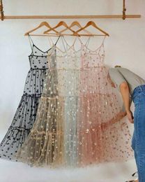 Cover-up Womens Lace Mesh Spaghetti Straps See Through Cover Sexy See Through Baggy Ladies Stars Beach Bling Long Dress