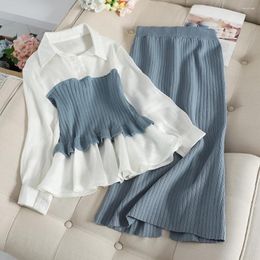 Work Dresses 2023 Autumn Women Fashion Blouse Patchwork Pullover Knitwear Split Package Hip Knit Skirt Two Piece Set Elegant Knitted Suits