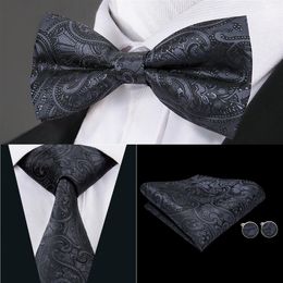 Hi-Tie Classic Mens Tie Black Floral Silk Woven Bowtie With Handkerchief Cufflinks For Mens Wedding Dress Fashion Suit LH-0718 D-12854