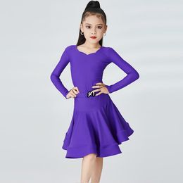 Stage Wear Latin Dance Competition Costume Purple Split Suit Bodysuit Skirt ChaCha Outfit Girls Rumba Performance VDB6432