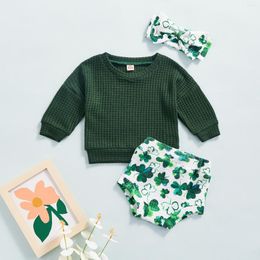 Clothing Sets Spring St. Patrick's Day Infant Baby Girl Clothes Solid Colour Long Sleeve Shirt Tops Clover Print Shorts