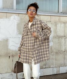 Women's T Shirts Khaki Shacket Oversized Womens Dropped Shoulder Plaid Blouses Outwear Street Style Pockets Casual Tops 2023