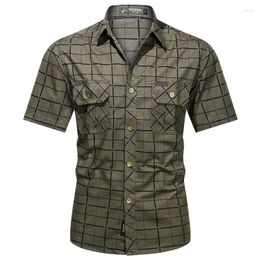 Men's Casual Shirts Military Plaid Shirt Men Summer Slim Dress Short Sleeve Plus Size 5XL Pure Cotton Army Work Chemise Homme