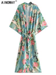 Swimwear Vintage Green Crane Floral Print Rayon Cotton Sashes Bohemian Kimono Robe Women V Neck Batwing Sleeves Boho Bikini Coverups