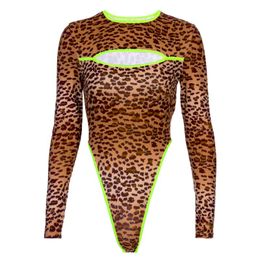 Women's Jumpsuits & Rompers Women Leopard Long Sleeve Bodysuits Hollow Sexy Bodycon Skinny Vintage Jumpsuit Turtleneck Playsuits