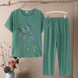 Women's Two Piece Pants 1 Set Women Outfit Non-pilling Lady Casual Tree Branch Print Summer T-shirt Long Daily Wear