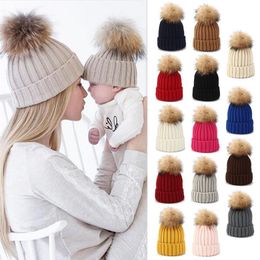 2Pcs Parent-Child Ribbed Knitted Beanie Hat Set Mother Baby Family Winter Pom Pom Warmer Solid Colour Cuffed Skull Cap208n