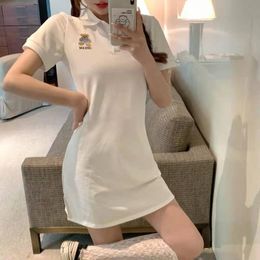 Casual Dresses T-Shirt Dress 2023 Summer Korean Women Fashion Clothing Turn Down Collar Short Sleeve Ladies Female Black Pink White