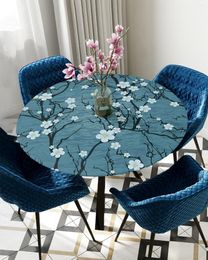 Table Cloth Sakura Flower Abstract Water Wave Round Tablecloth Waterproof Elastic Home Kitchen Dining Room Cover