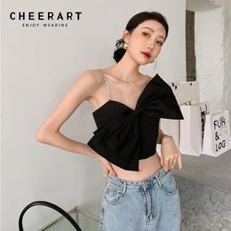 Camis CHEERART Padded Diamonds Corset Tube Top Strappy Top Women 2021 Summer Spaghetti Strap Bow Black Cami Crop Top