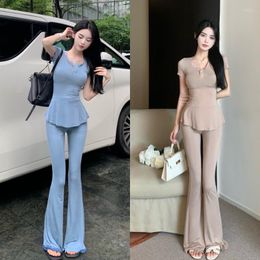 Women's Two Piece Pants Office Lady Casual Suit Women's 2023 Simple Round Neck U-shaped Hem Short Sleeve Top High Waist Trousers