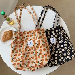 Evening Bags Korean Fashion Purses And Handbags Art Design Corduroy Shoulder Bag For Women Flowers Print Canvas Tote Handle Bolso