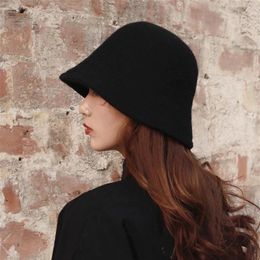 Wide Brim Hats 2021 Warm Winter Women's Bucket Hat Teens Felt Wool For Girls Autumn And Fashion Fur Black Hip Hop Cap331v