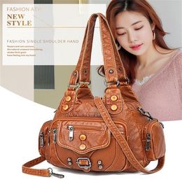 Washable PU bag women's handbag retro fashion rivet Packs soft leather tote bags multi pocket Handbags large capacity messeng260i