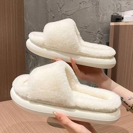 Slippers WDZKN Concise Solid Colour Winter Women Thick Bottom Home Furry Fluffy Plush Open Toe Comfort Indoor Slides
