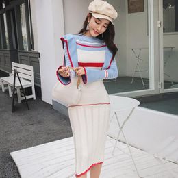 Casual Dresses ZAWFL 2023 Winter Flare Sleeve Striped Colourful Women Knitted Cloth Ruffles Hollow Out Knee-Length Bodycon Sexy Sweater Dress