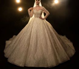 Luxury Ball Gown Wedding Dresses Long Sleeves V Neck Sequins Appliques Beaded Floor Length Ruffles 3D Lace Layer Shiny Bridal Gowns Plus Size Vestido de novia