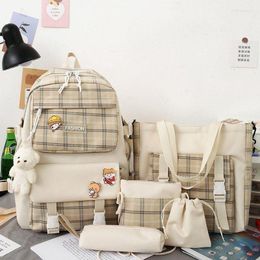 School Bags Backpack Japanese Cute Plaid Primary Schoolbag Women's Korean Version Trend Five Piece Set